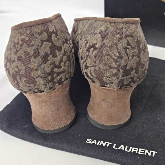 Saint Laurent Almond Toe Kitten Heels In Brown Suede And Velvet Mesh Size 9 - Picture 9 of 12